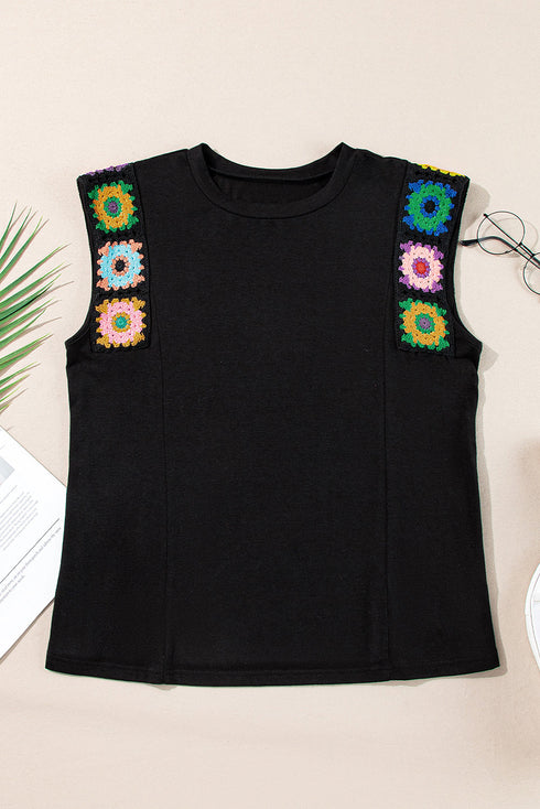Black Floral Crochet Patched Sleeve Crew Neck Casual Tank Top